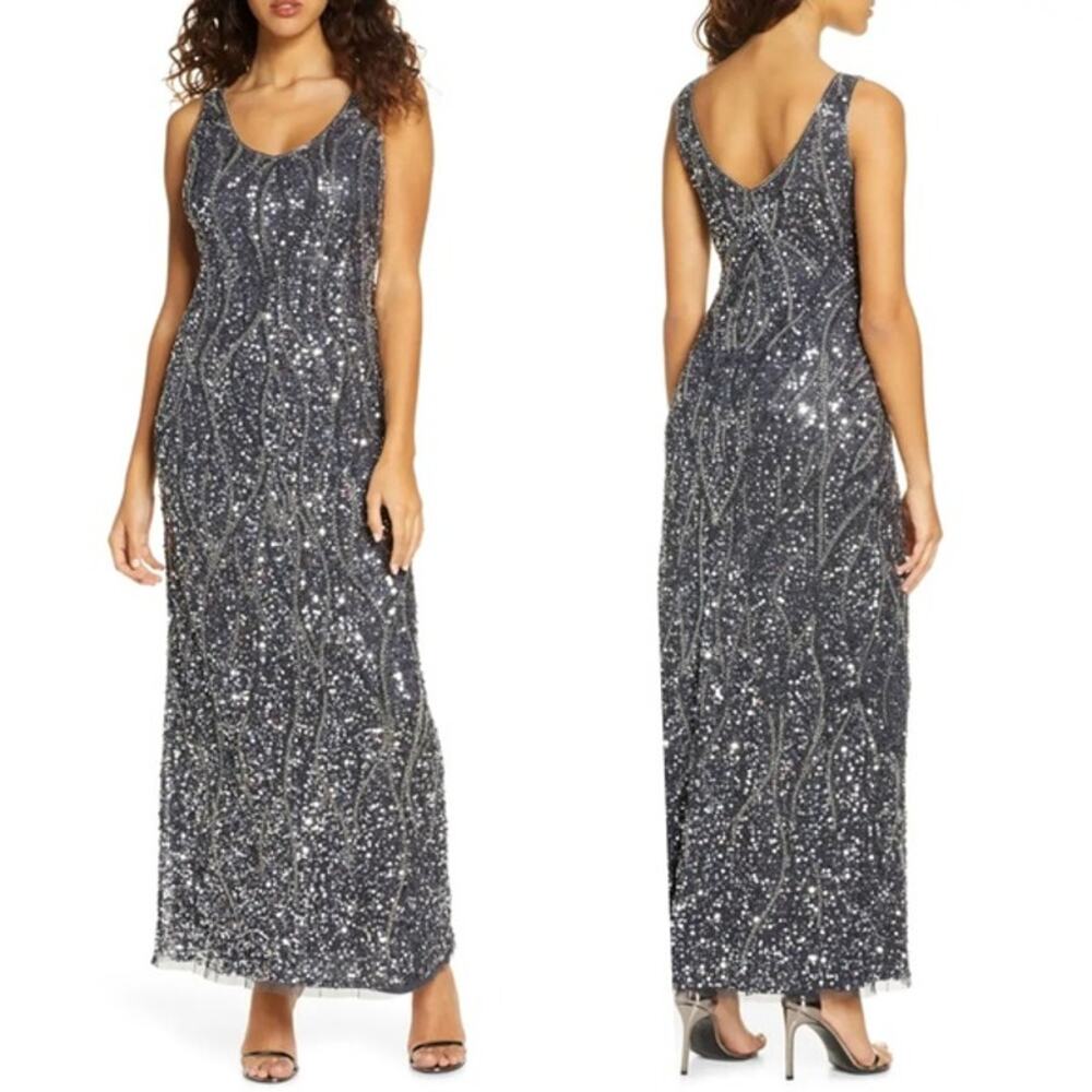 Pisarro Nights Dark Gray Beaded Sequin Long‎ Gown